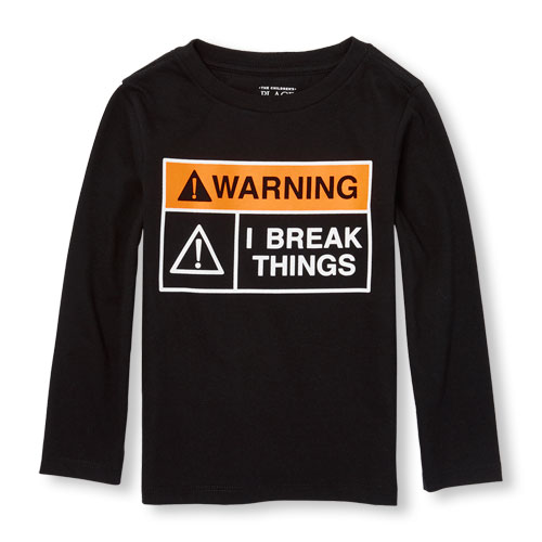 Toddler Boys Long Sleeve 'Warning I Break Things' Sign Graphic Tee