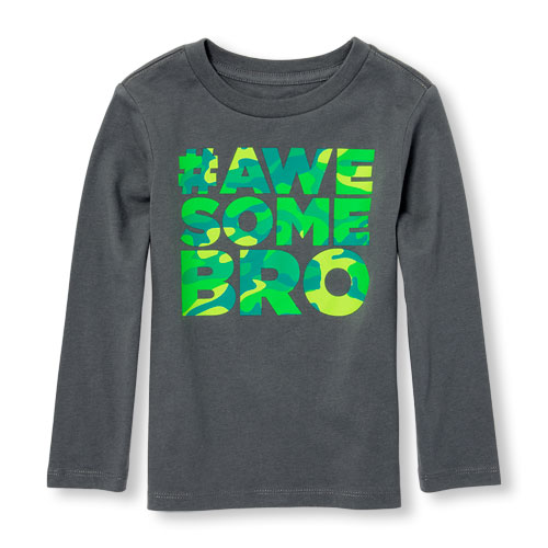 Toddler Boys Long Sleeve Camo Print 'Hashtag Awesome Bro' Graphic Tee
