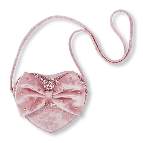 Girls Embellished Bow Crushed Velvet Heart Bag
