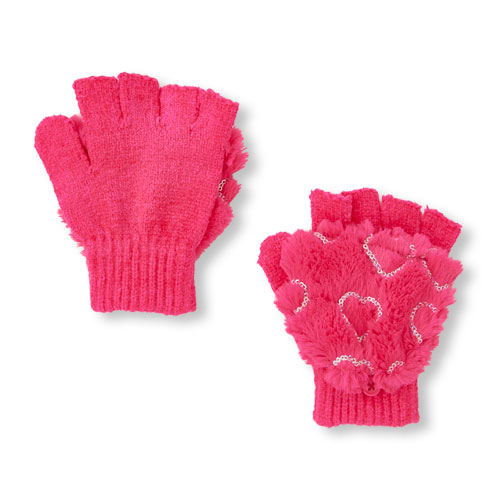 Girls Sequined Heart Convertible Mitten Gloves