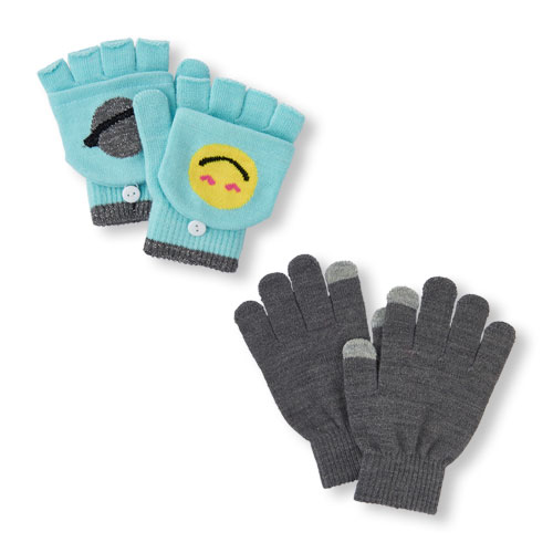 Girls Solid Texting And Emoji Convertible Gloves 2-Pack