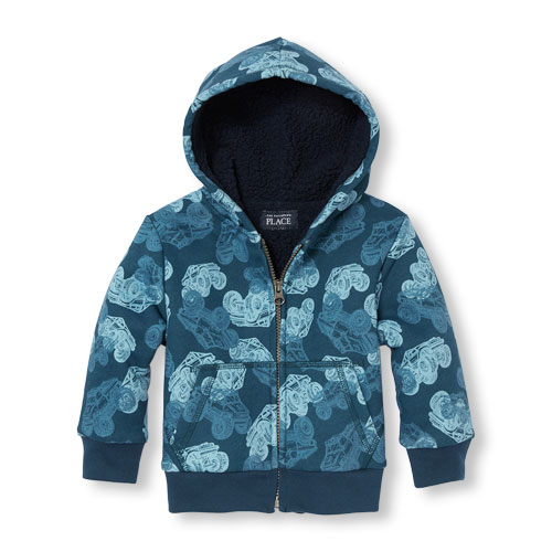 Toddler Boys Active Long Sleeve Monster Truck Printed Faux Sherpa-Lined Full-Zip Hoodie