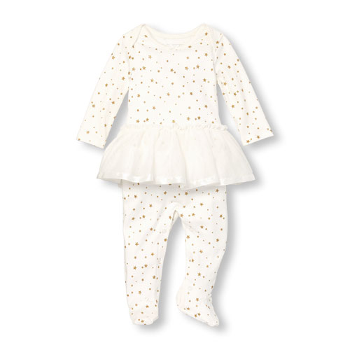 Baby Girls Layette Long Sleeve Glitter Star Print Tutu Footed Stretchie