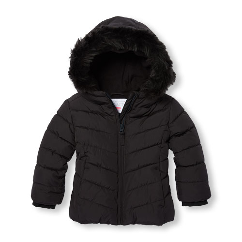 Toddler Girls Long Sleeve Solid Faux Fur Hooded Lightweight Puffer Jacket