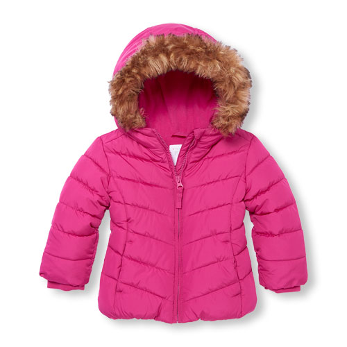 Toddler Girls Long Sleeve Solid Faux Fur Hooded Lightweight Puffer Jacket