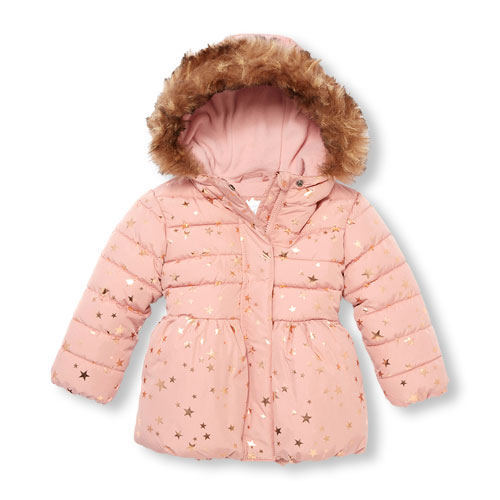 Toddler Girls Long Sleeve Foil Star Print Faux Fur Hooded Lightweight Puffer Jacket