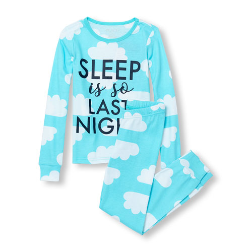 Girls Long Sleeve 'Sleep Is So Last Night' Cloud Print Top And Pants PJ Set
