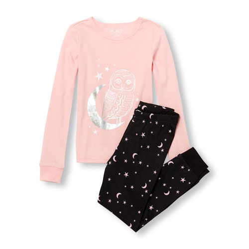 Girls Long Sleeve Nighttime Owl Graphic Top And Star And Moon Print Pants PJ Set