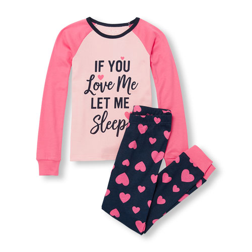 Girls Long Raglan Sleeve 'If You Love Me Let Me Sleep' Top And Heart Print Pants PJ Set