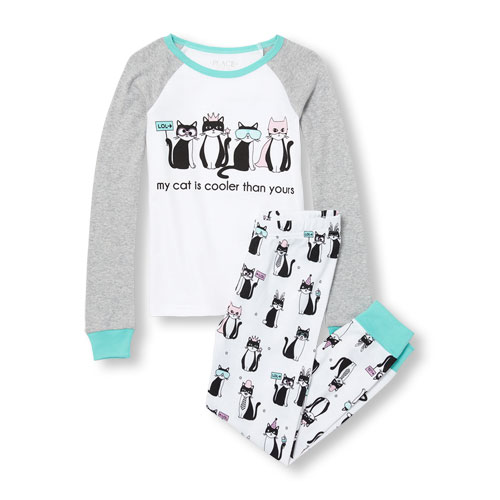 Girls Long Raglan Sleeve 'My Cat IS cooler Than Yours' Top And Cat Print Pants PJ Set