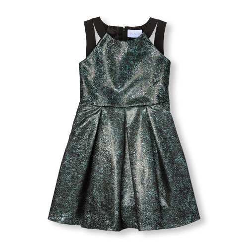 Girls Sleeveless Metallic Jacquard Woven Dress