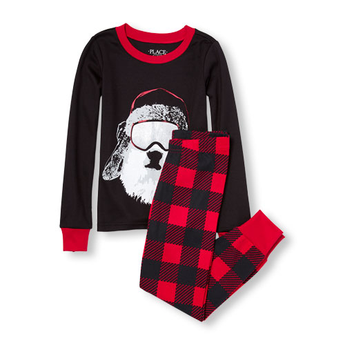 Boys Long Sleeve Holiday Cool Bear Top And Plaid Pants PJ Set