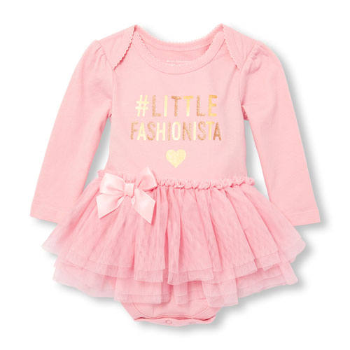Baby Girls Long Sleeve Glitter Foil 'Hashtag Little Fashionista' Graphic Tutu Bodysuit