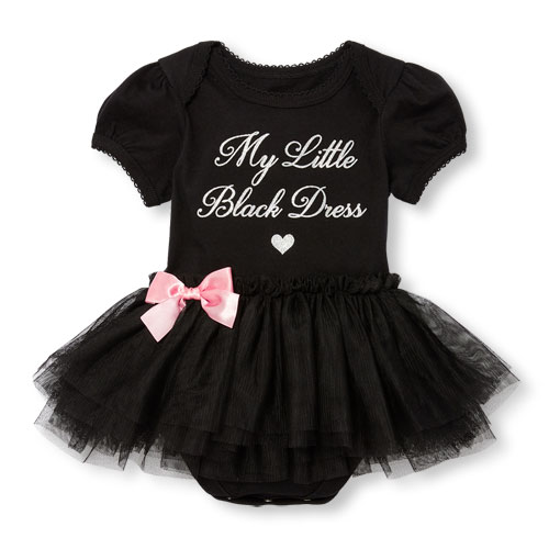 Baby Girls Short Sleeve Glitter 'My Little Black Dress' Graphic Tutu Bodysuit
