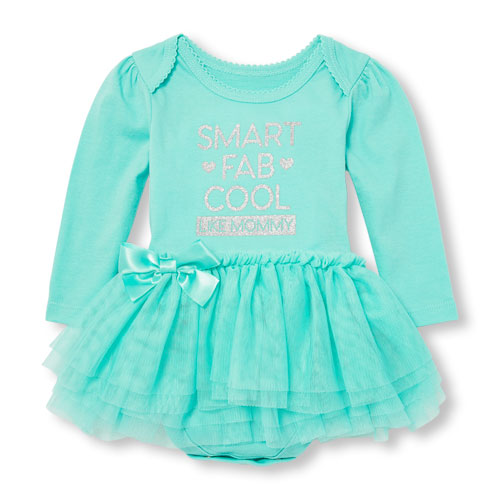 Baby Girls Long Sleeve Glitter 'Smart Fab Cool Like Mommy' Graphic Tutu Bodysuit