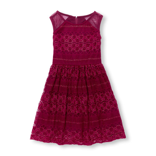 Girls Sleeveless Metallic Lace Dress