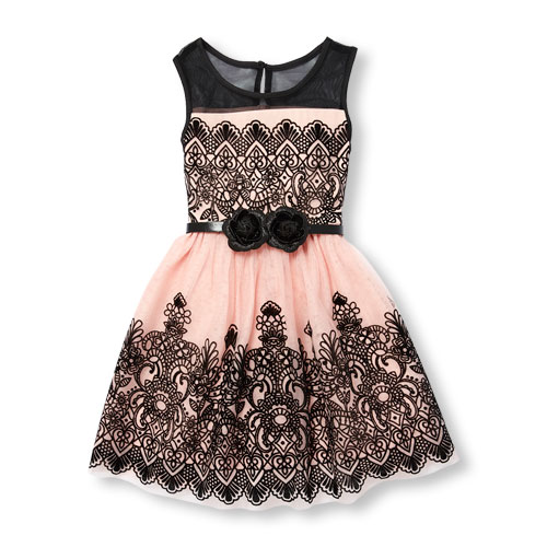 Girls Sleeveless Belted Velvet Floral Print Mesh Dress
