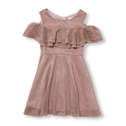 Girls Short Cold-Shoulder Sleeve Ruffle Metallic Woven Dress