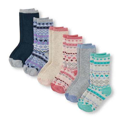 Girls Fair Isle And Solid Crew Socks 6-Pack