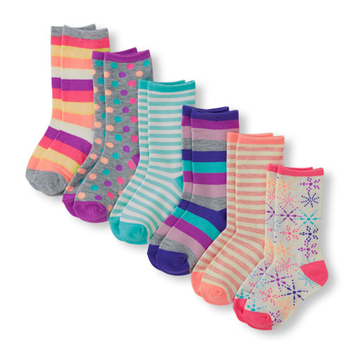 Girls Mixed Print Crew Socks 6-Pack