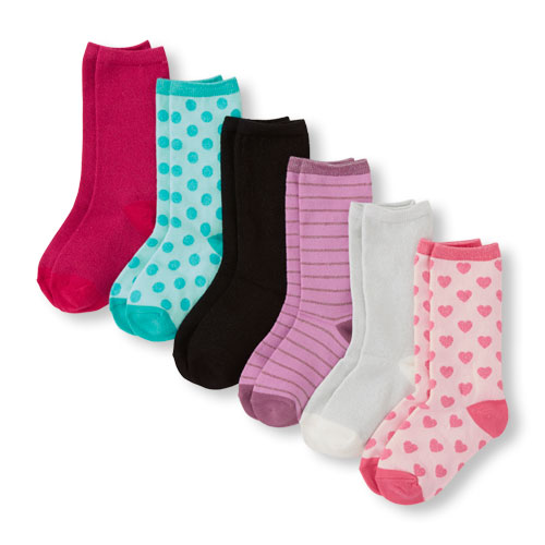 Girls Shimmery Mixed Print Crew Socks 6-Pack