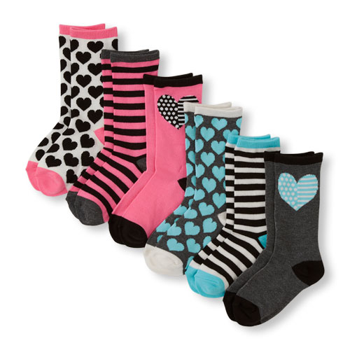 Girls Mixed Heart Print Crew Socks 6-Pack