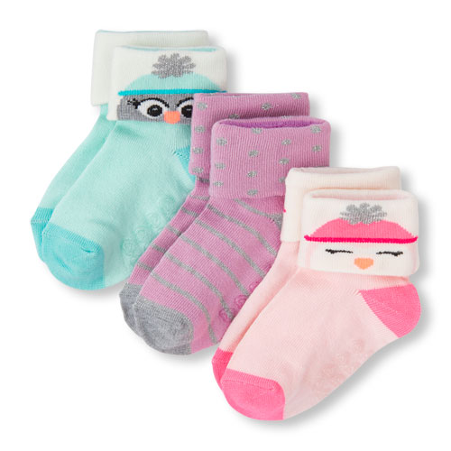 Toddler Girls Shimmery Winter Critter Turn-Cuff Socks 3-Pack
