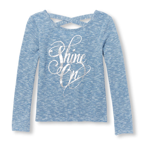 Girls Long Sleeve Embellished Graphic Cross-Back Lightweight Sweater-Knit Top