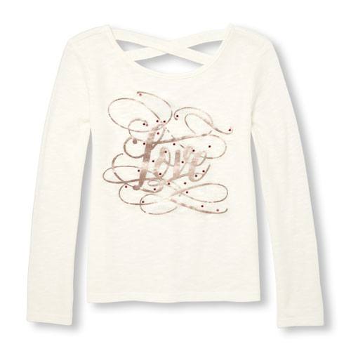 Girls Long Sleeve Embellished Graphic Cross-Back Lightweight Sweater-Knit Top