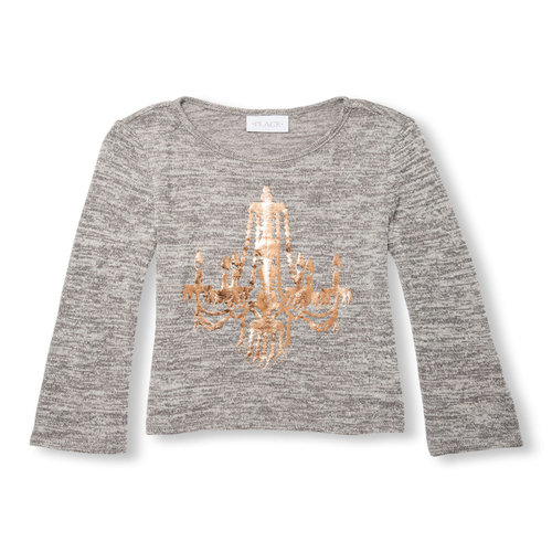 Girls Long Bell Sleeve Embellished Graphic Lightweight Sweater-Knit Top