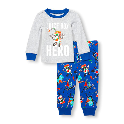 Baby And Toddler Boys Long Sleeve 'Juice Box Hero' Graphic Top And Printed Pants PJ Set