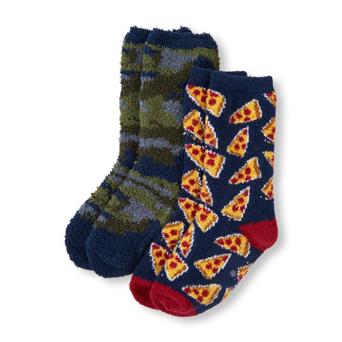 Boys Camo And Pizza Print Cozy Socks 2-Pack