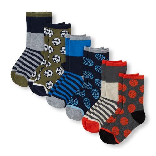 Boys Sports Ball And Striped Crew Socks 6-Pack