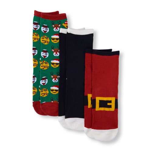 Boys Santa Belt, 'Snow Day', And Holiday Emoji Print Crew Socks 3-Pack