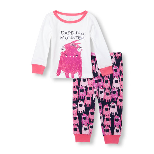 Baby And Toddler Girls Glow-In-The-Dark Long Sleeve 'Daddy's Lil Monster' Graphic Top And Printed Pants PJ Set
