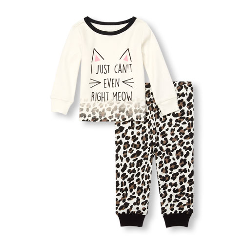 Baby And Toddler Girls Long Sleeve 'I Just Can't Even Right Meow' Graphic Top And Leopard Printed Pants PJ Set