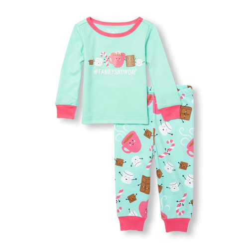 Baby And Toddler Girls Long Sleeve 'Hashtag Family Snow Day' Graphic Top And Dessert Printed Pants PJ Set