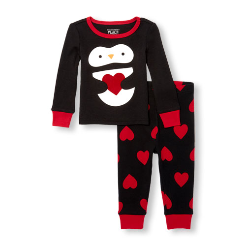 Baby And Toddler Girls Long Sleeve Penguin Heart Top And Printed Pants PJ Set