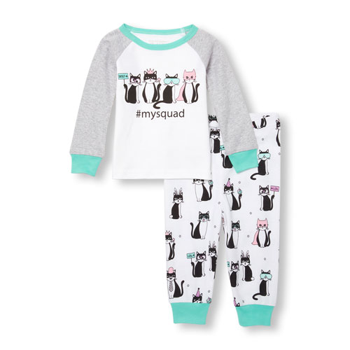 Baby And Toddler Girls Long Raglan Sleeve 'Hashtag My Squad' Cat Graphic Top And Printed Pants PJ Set