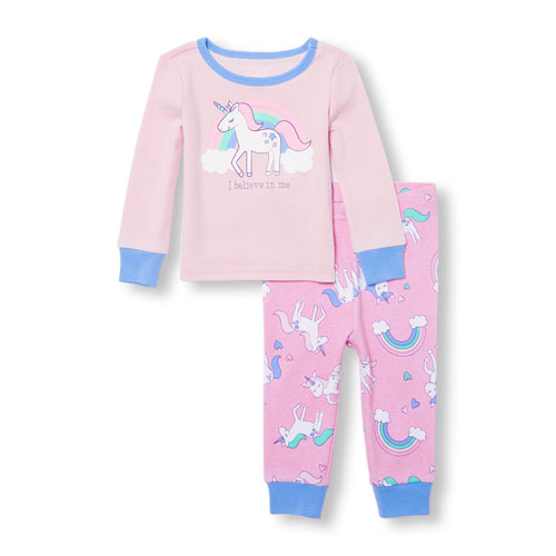 Baby And Toddler Girls Long Sleeve 'I Believe In Me' Unicorn Graphic Top And Printed Pants PJ Set
