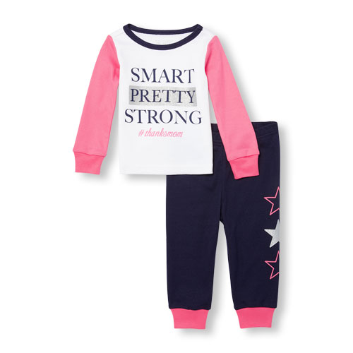 Baby And Toddler Girls Long Raglan Sleeve Glitter 'Smart Pretty Strong Hashtag Thanks Mom' Top And Star Graphic Pants PJ Set