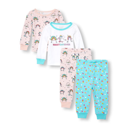 Baby And Toddler Girls Long Sleeve 'Hashtag Best Day Ever' Rainbow Tops And Pants 4-Piece PJ Set