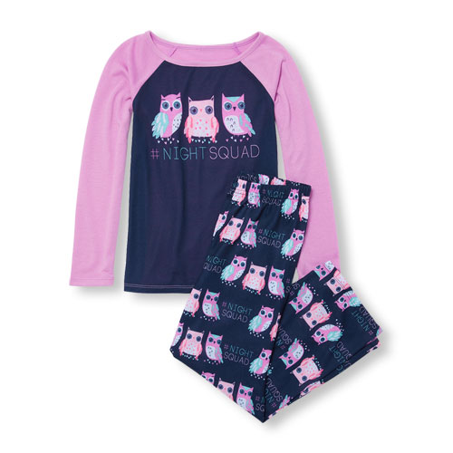 Girls Long Raglan Sleeve 'Night Squad' Owl Top And Printed Pants PJ Set