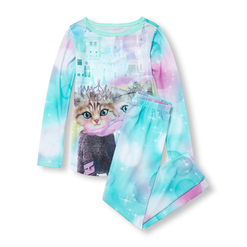 Girls Long Sleeve Princess Glam Cat Top And Twinkle Tie-Dye Pants PJ Set