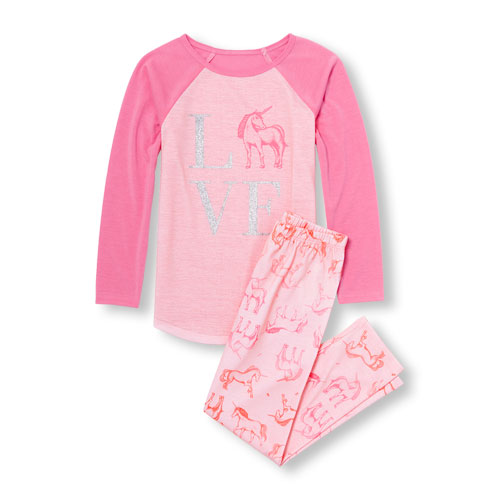 Girls Long Raglan Sleeve Glitter 'Love' Top And Unicorn Print Pants PJ Set