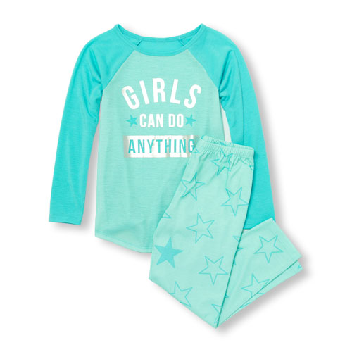 Girls Long Raglan Sleeve 'Girls Can Do Anything' Top And Star Print Pants PJ Set