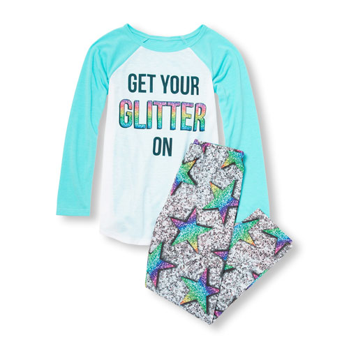 Girls Long Raglan Sleeve 'Get Your Glitter On' Top And Glitter Print Pants PJ Set
