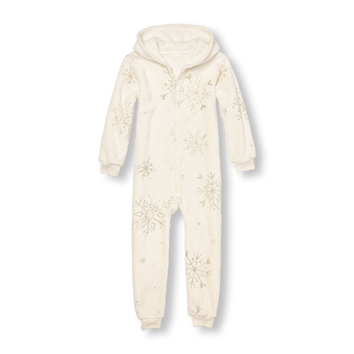 Girls Long Sleeve Foil Snowflake Print Cozy Hooded One-Piece Sleeper