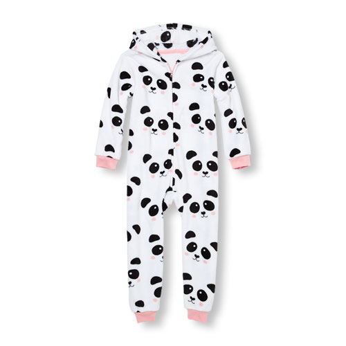 Girls Long Sleeve Panda Print Full-Zip Hooded One-Piece Sleeper