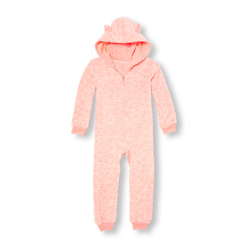 Girls Long Sleeve Heart Leopard Print Neon Cozy Hooded One-Piece Sleeper